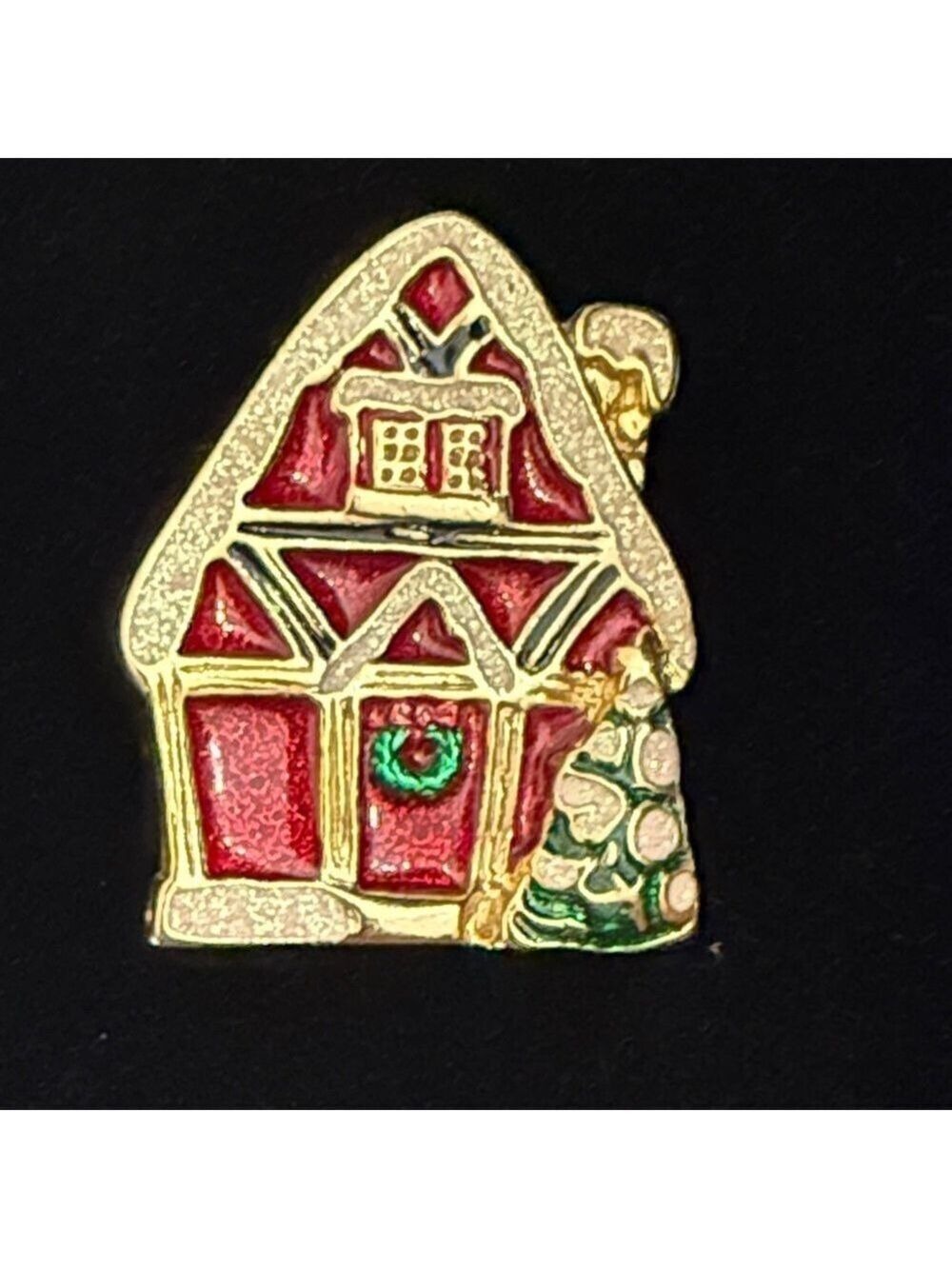 SFJ signed vintage Christmas Cottage Gingerbread House Enamel Brooch Pin